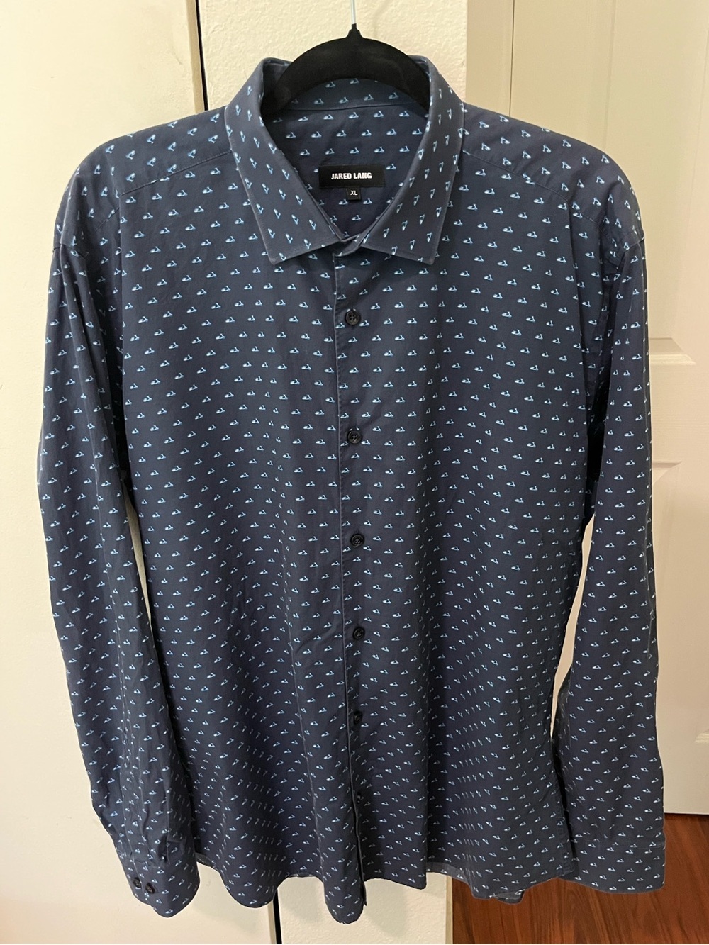 Jared Lang Navy Blue Button-Up Shirt with Light Blue Vespa Scooter Print